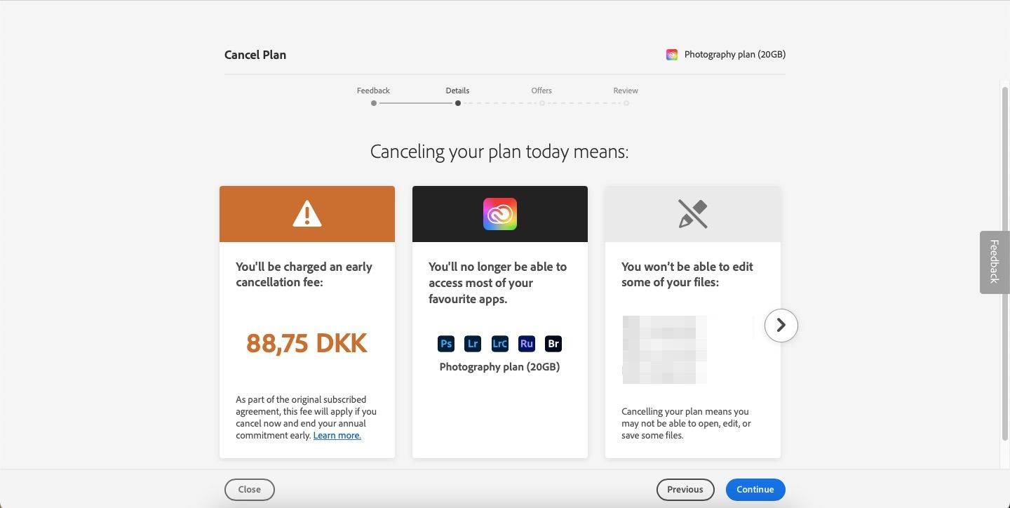 Screenshot showing what happens if you cancel Adobe plan