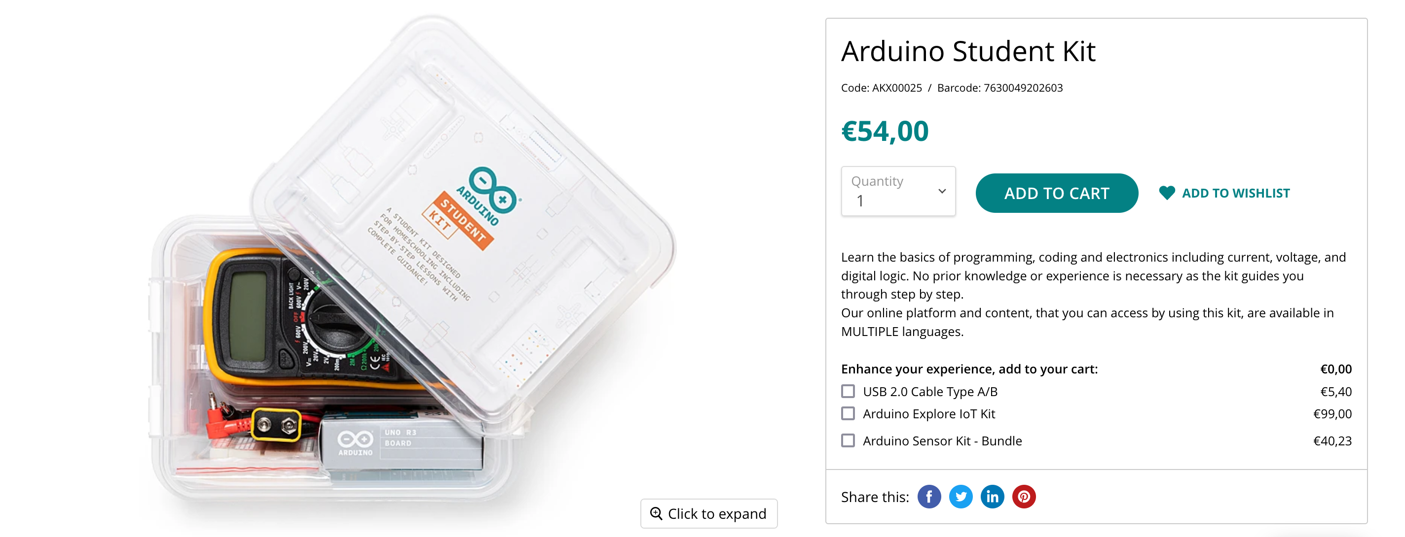 A screenshot of a plastic container with Arudino electronic parts inside next to price information about the Arduin student starter kit