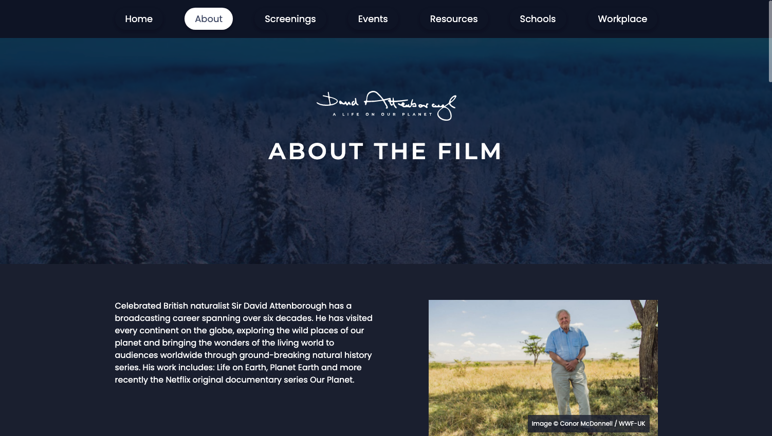 Website layout for an about section featuring David Attenborough