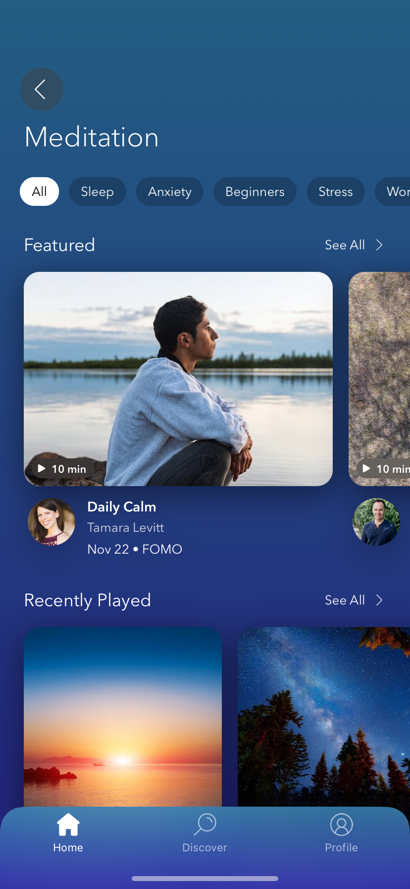 Image shows the Meditation section inside the Calm app