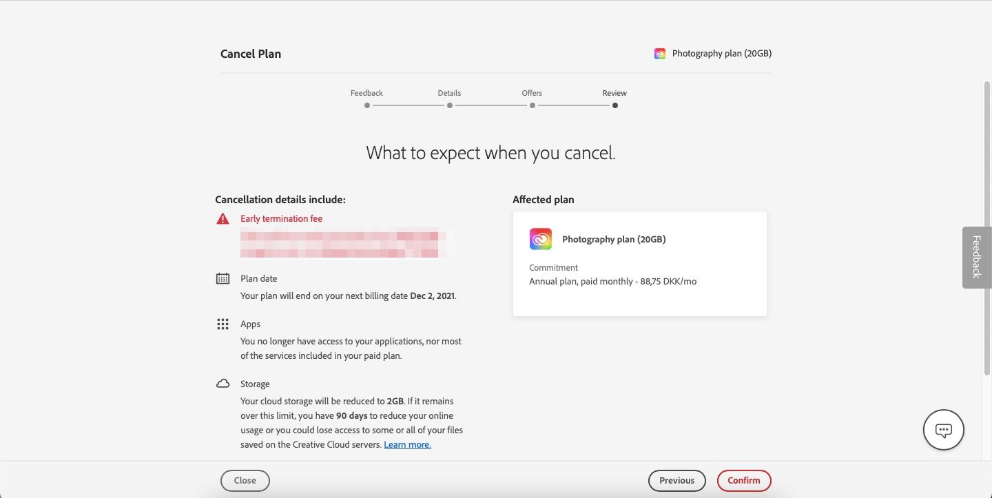 Screenshot showing what happens when you cancel Adobe plan on the Review page