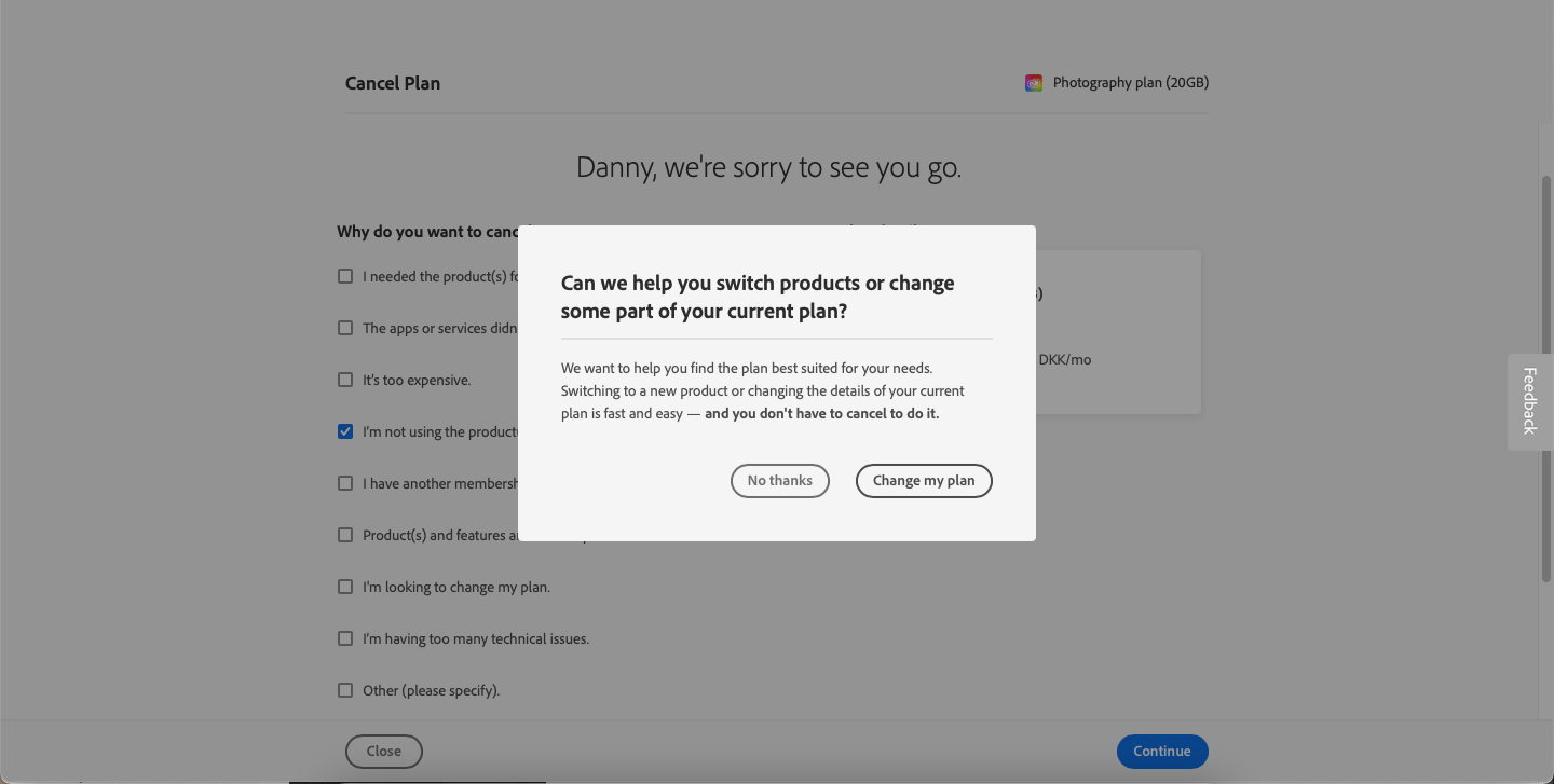 Screenshot asking if a user wants to change their Adobe plan