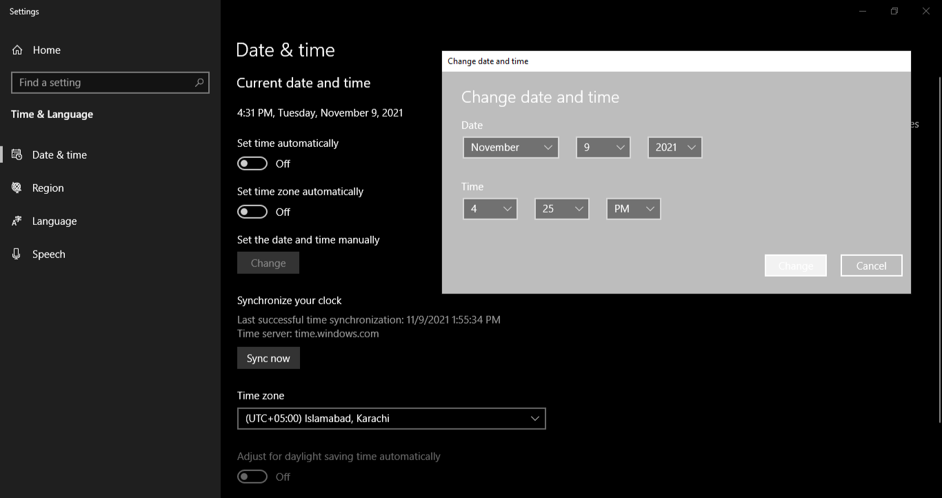 Changing Date and Time Settings in Windows Settings App