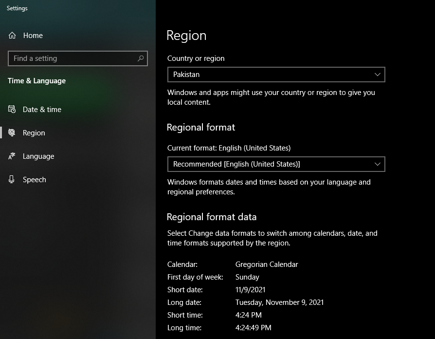 Changing Region in Windows Settings App