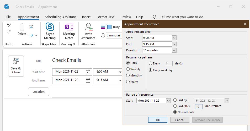 New Check Emails appointment Outlook 365