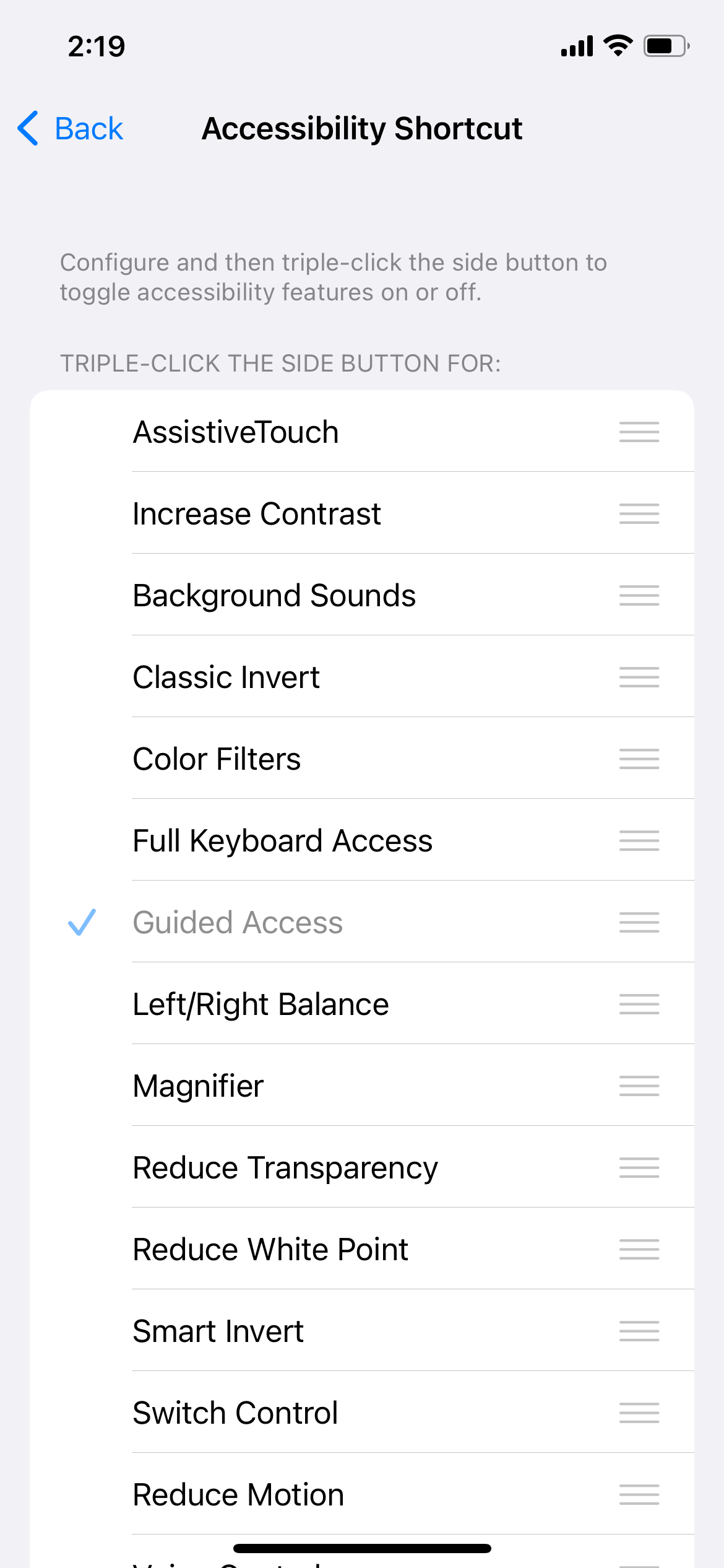 Choosing an Accessibility feature for Accessibility shortcut