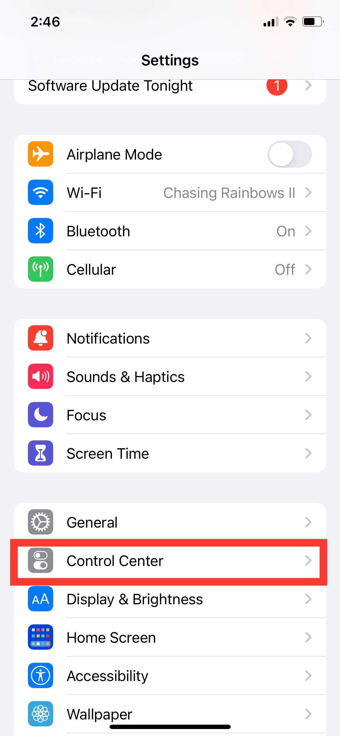 Control Center on Settings