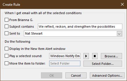 The Create Rule options in Outlook 365