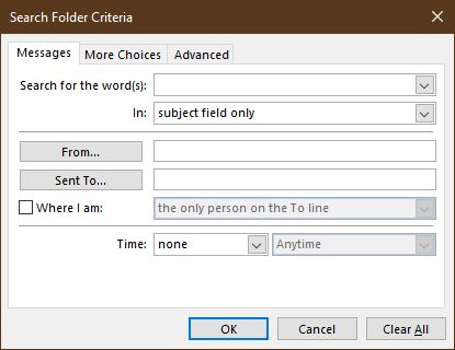 Custom Criteria for search folder Outlook 365
