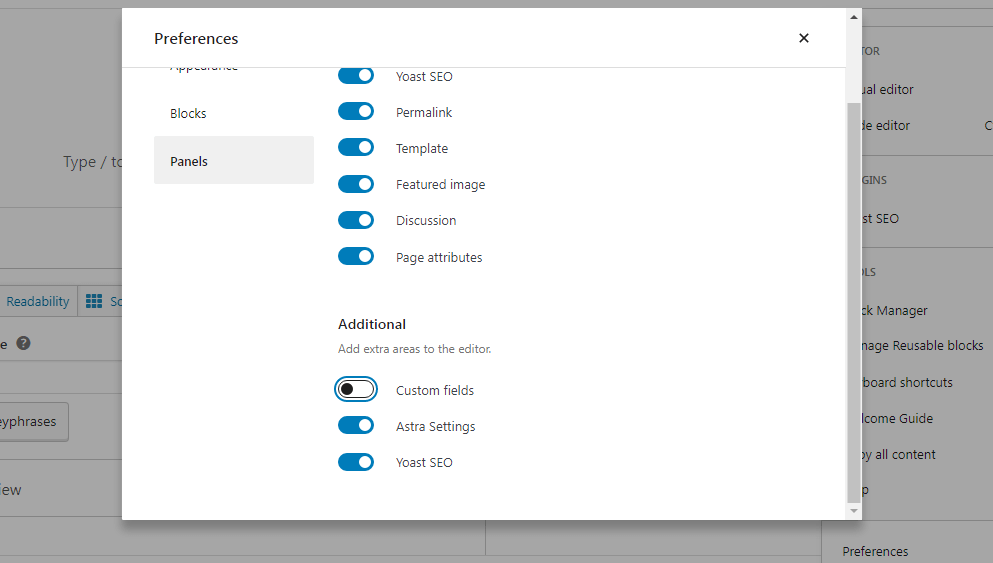 Screenshot showing Custom Fields in WordPress pages