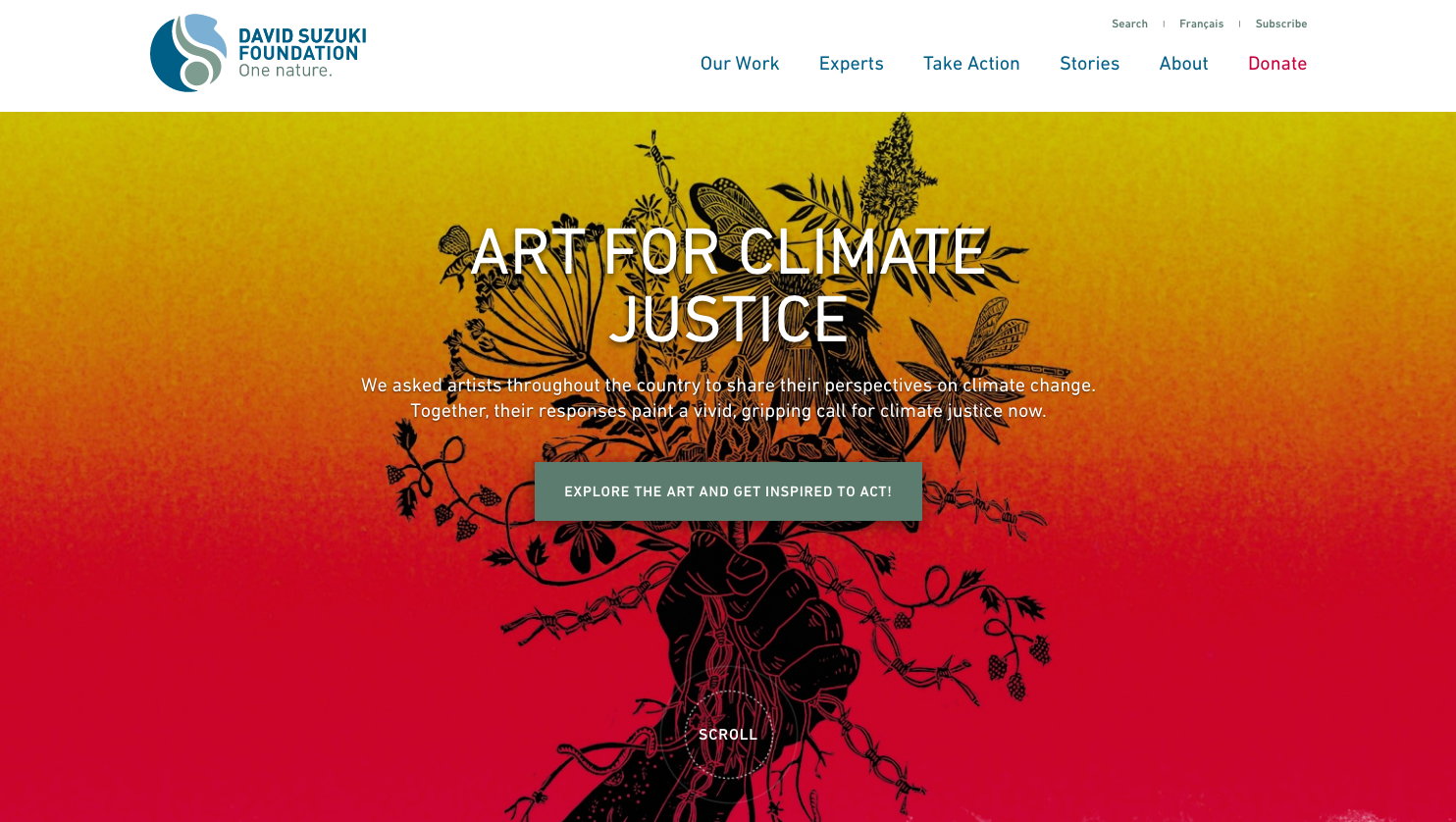 Website layout for David Suzuki Foundation featuring a drawing of a hand and flowers