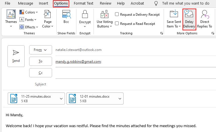 Delay Delivery option in email composer Outlook 365