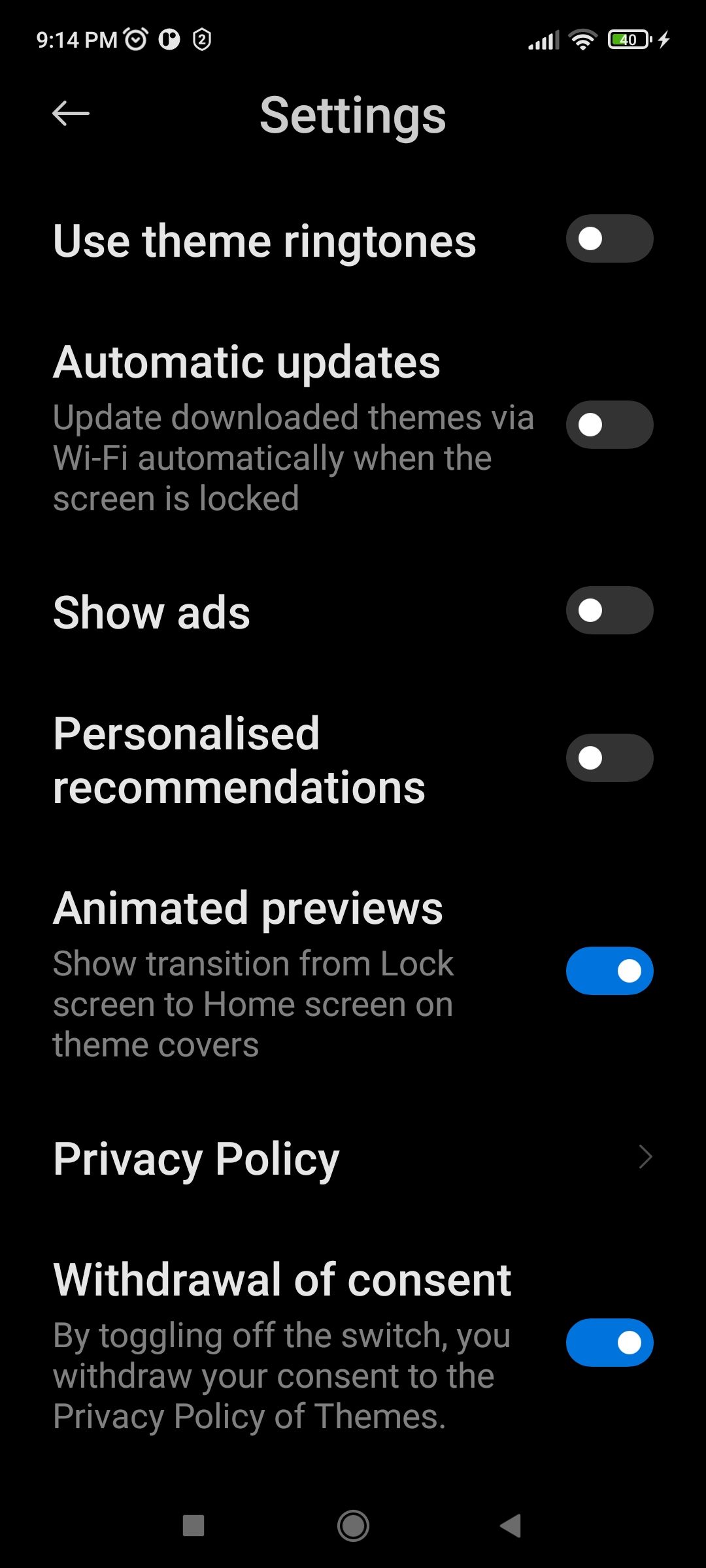 Disabling Ads in Themes App Settings