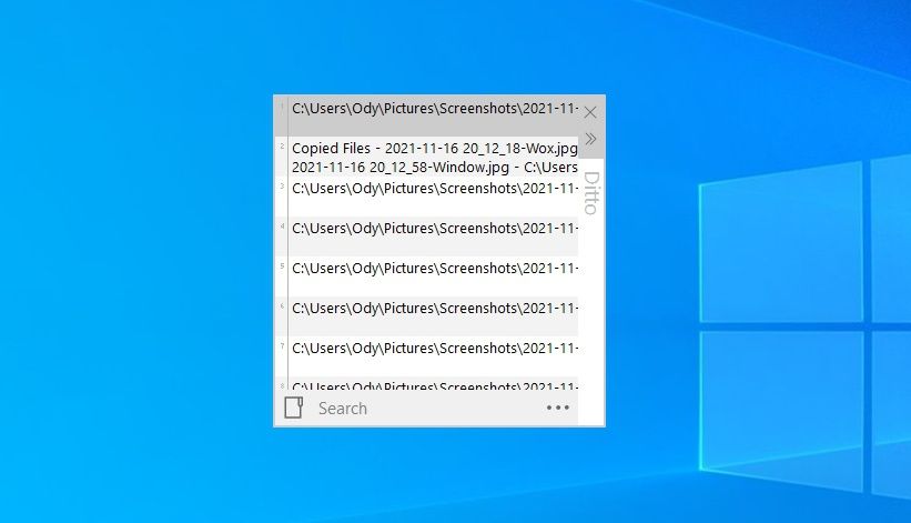 Ditto's window on Windows 10's desktop