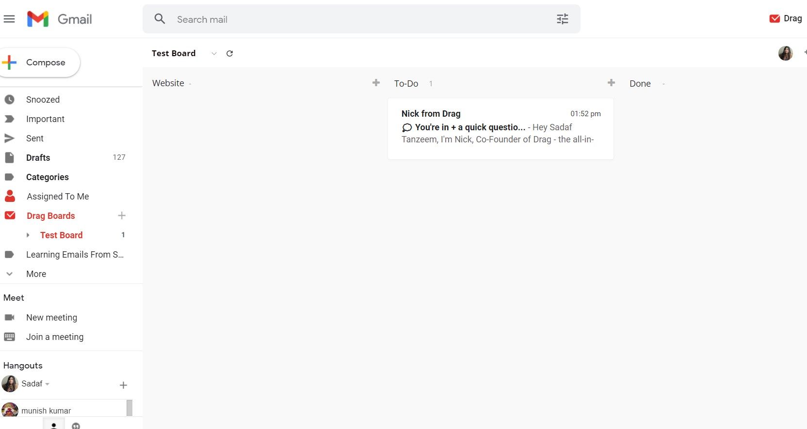 The different labels inside the inbox using Drag Chrome extension