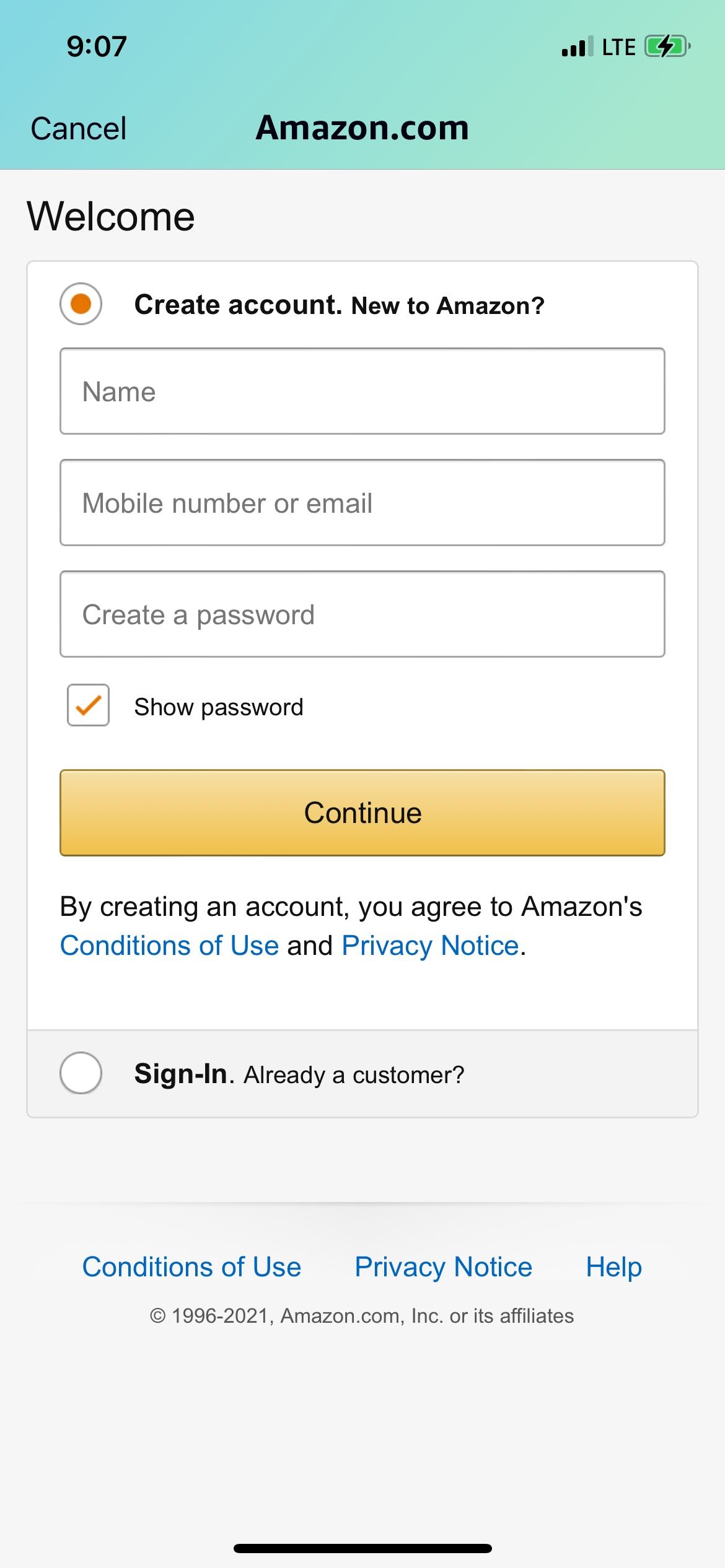 Enter Amazon Account Credentails iPhone