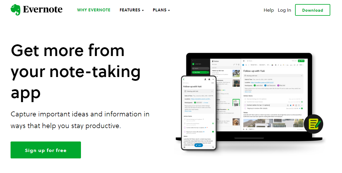 A Screenshot of Evernote's Landing Page