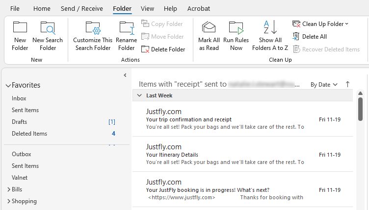 Example of a Custom Search Folder in Outlook 365