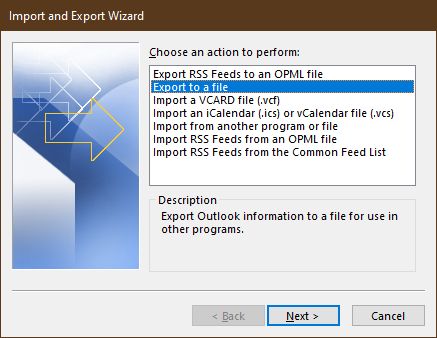 Export Outlook 365 information to file option