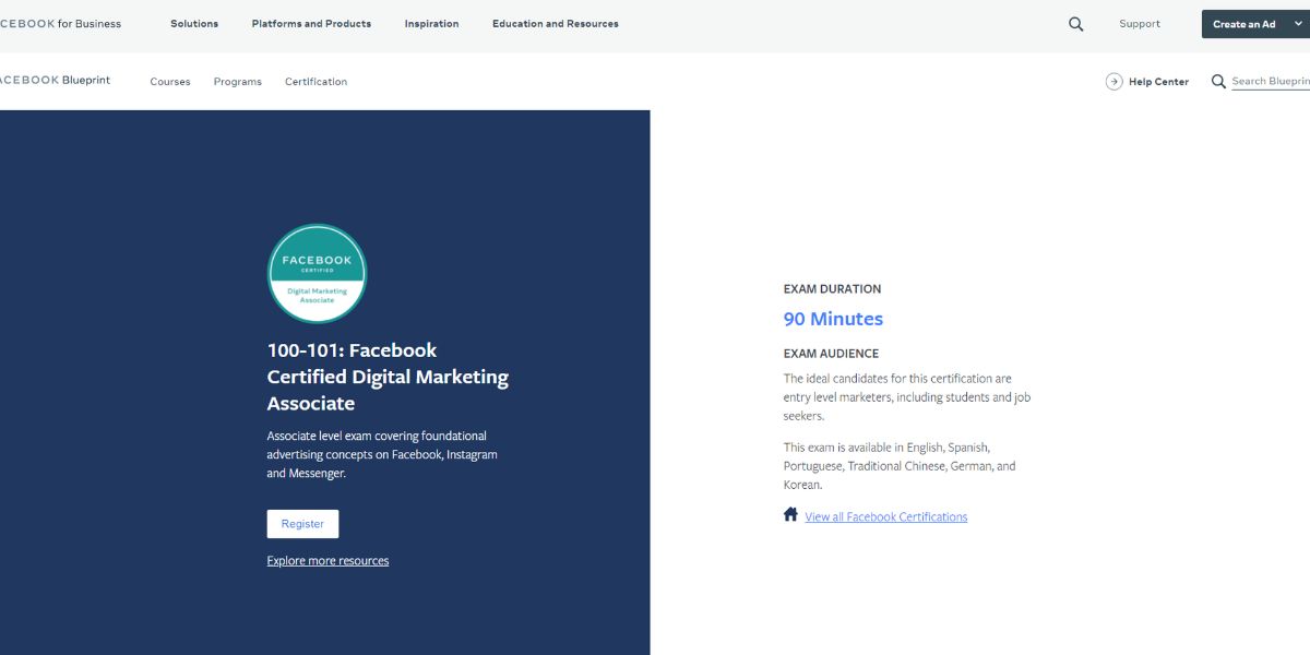 An image showing the registration link for Facebook Blueprint certification