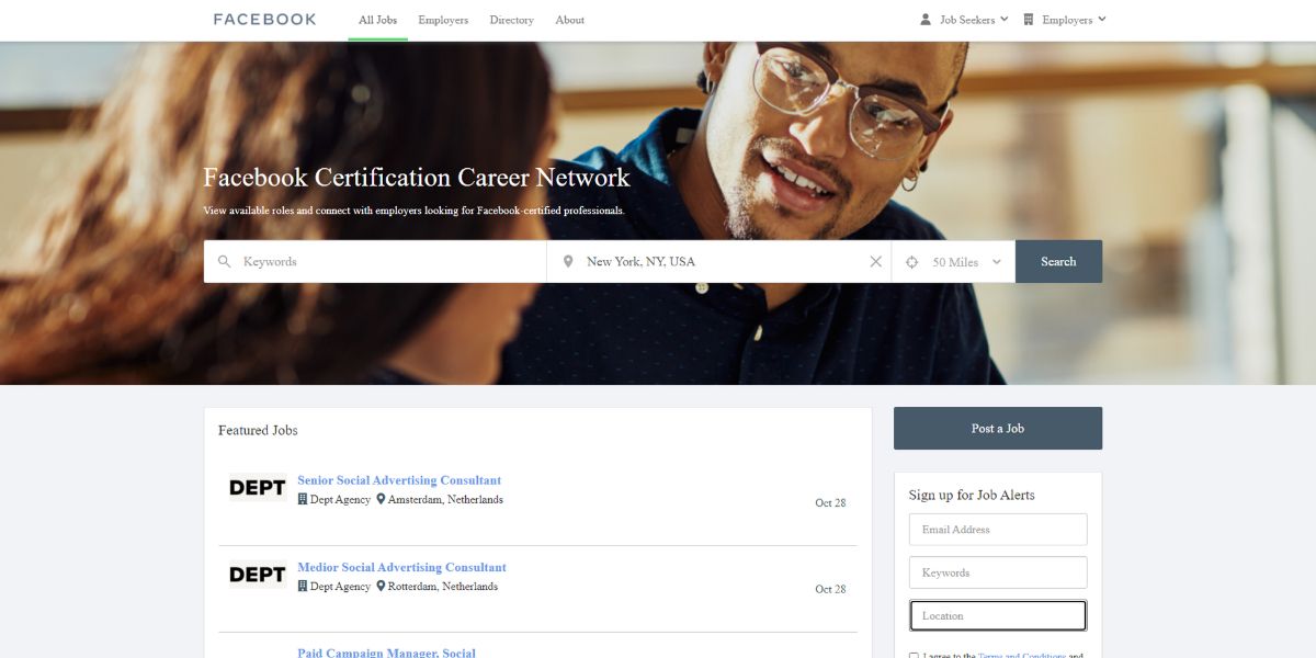An image showing the Facebook Certification Career Network portal