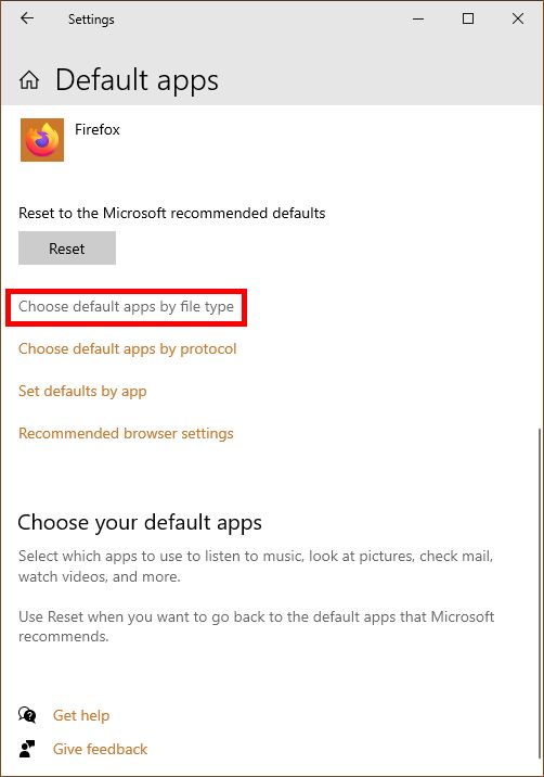 Step 3: Select "Choose default apps by file type."