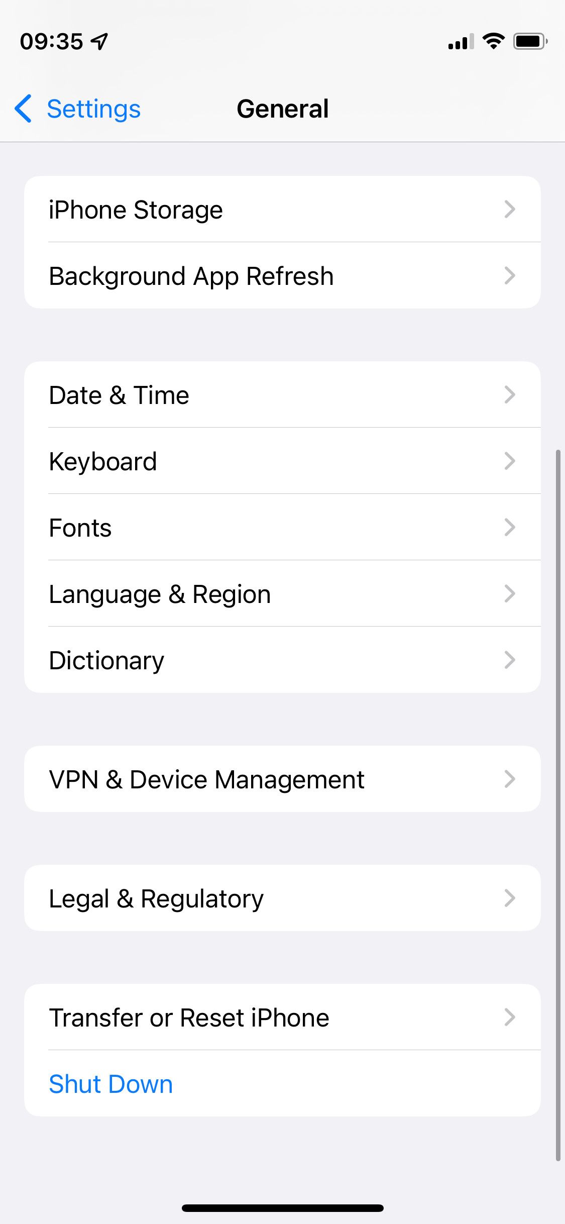 General Settings on iPhone showing Transfer or Reset iPhone option