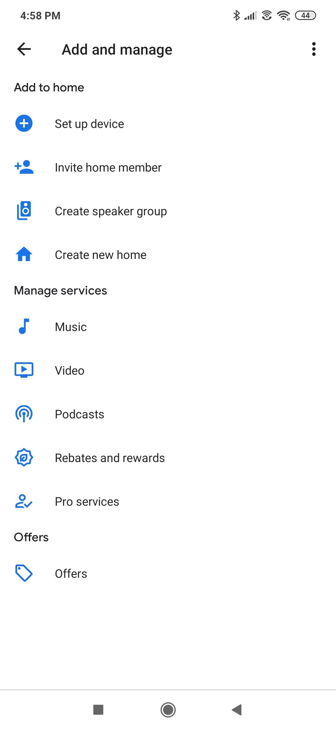 The add device section of the Google Home app