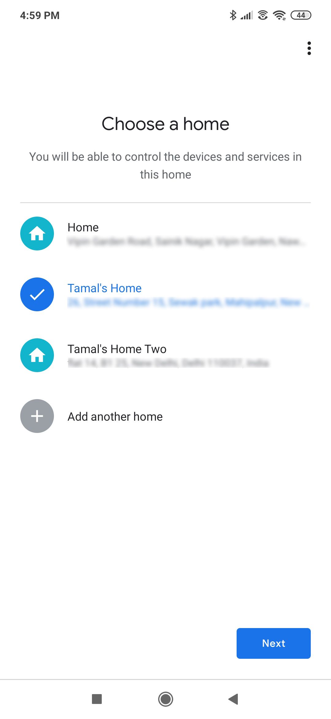 Choosing an address on the Google Home app