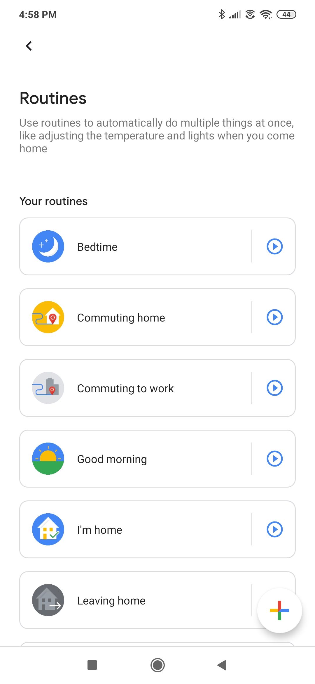 The Routines section of the Google Home app