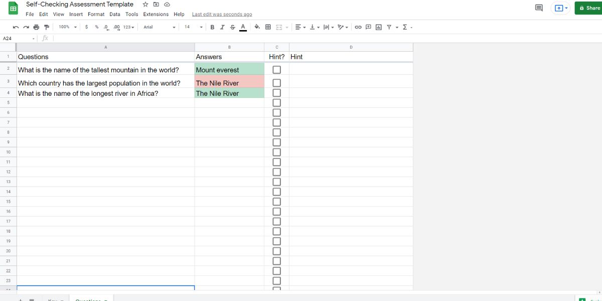 A visual showing Google Sheets self-assessment feature