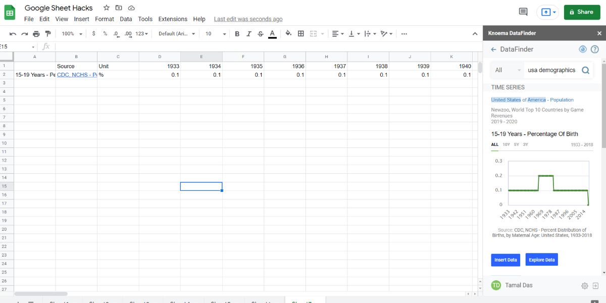 An image showing use of data finder add-ons on Google Sheets
