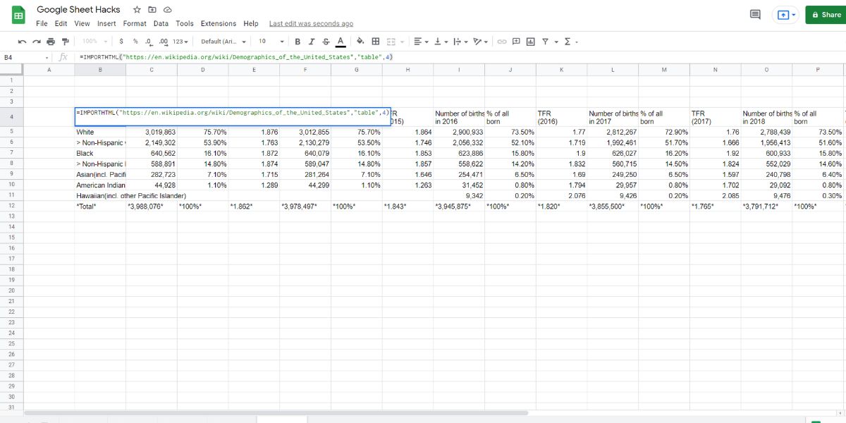An image showing importing data in Google Sheets