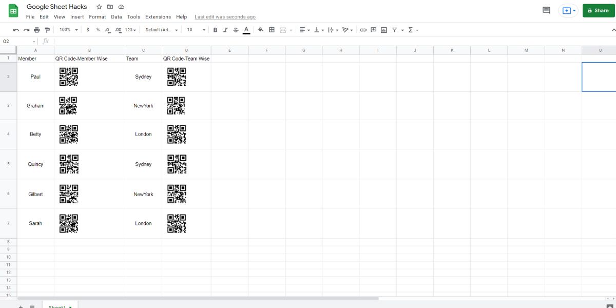 A visual showing the Google Sheet for QR making