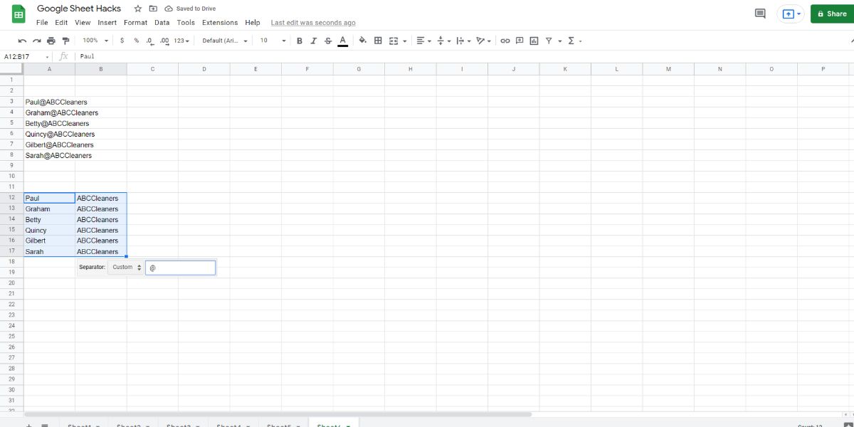 An image showing text split feature on Google Sheets