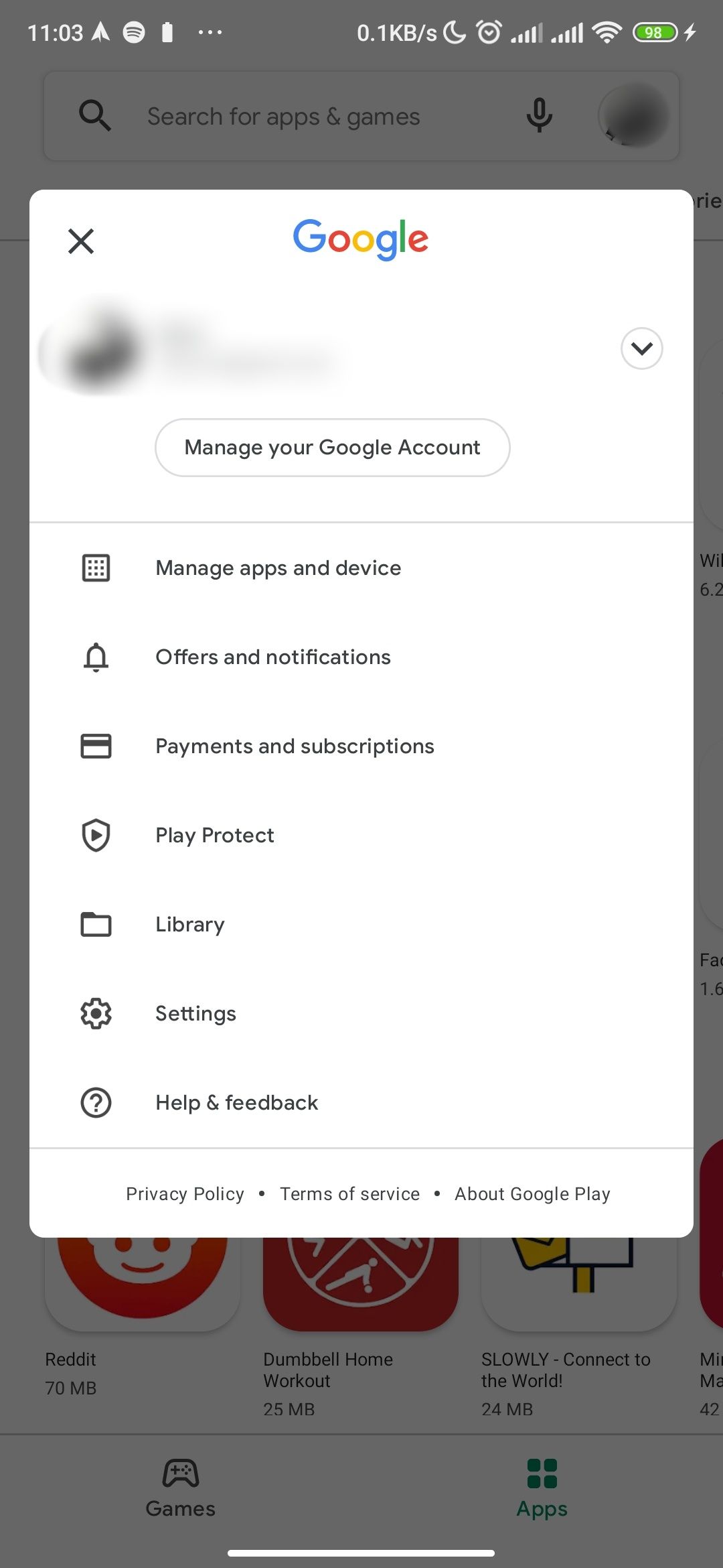 Google Play Store's main menu 
