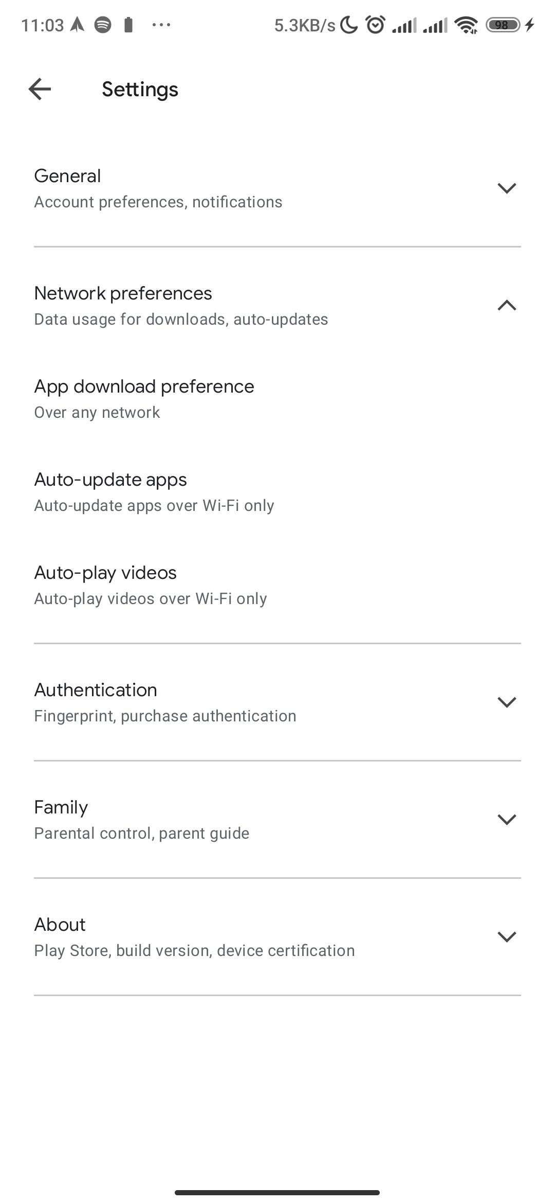A screenshot of Google Play Store's settings page