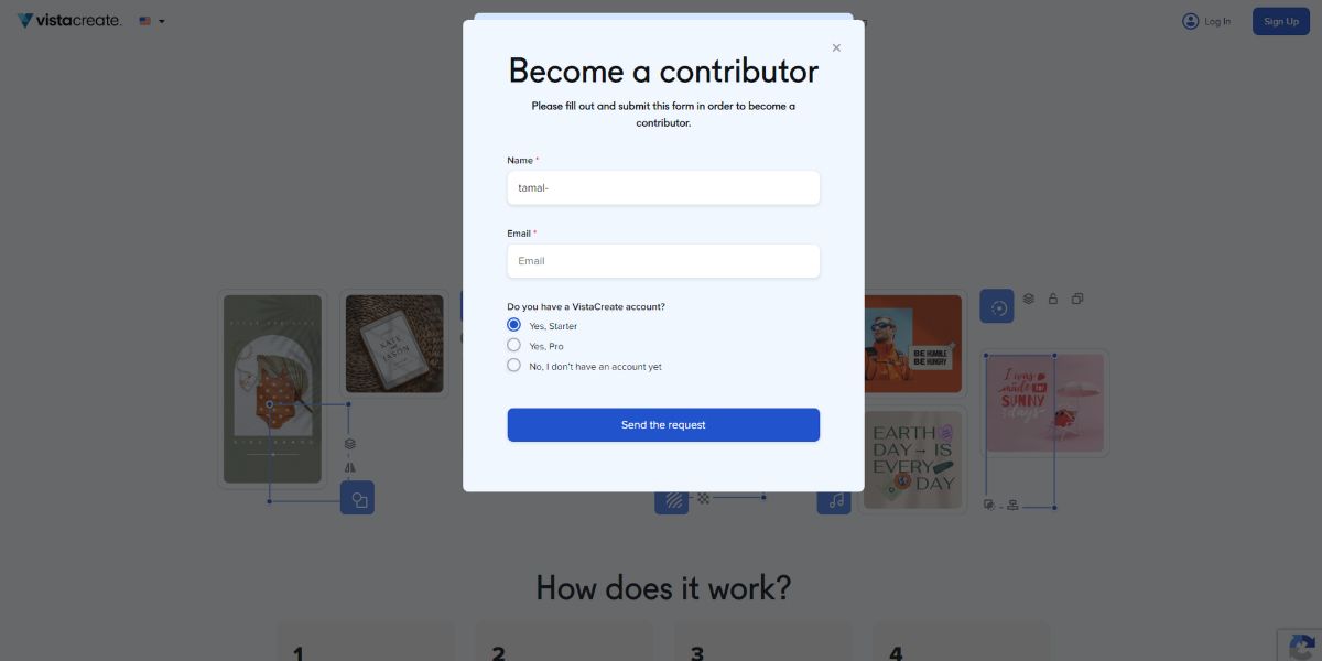 The visual of the application form for VistaCreate Contributors program