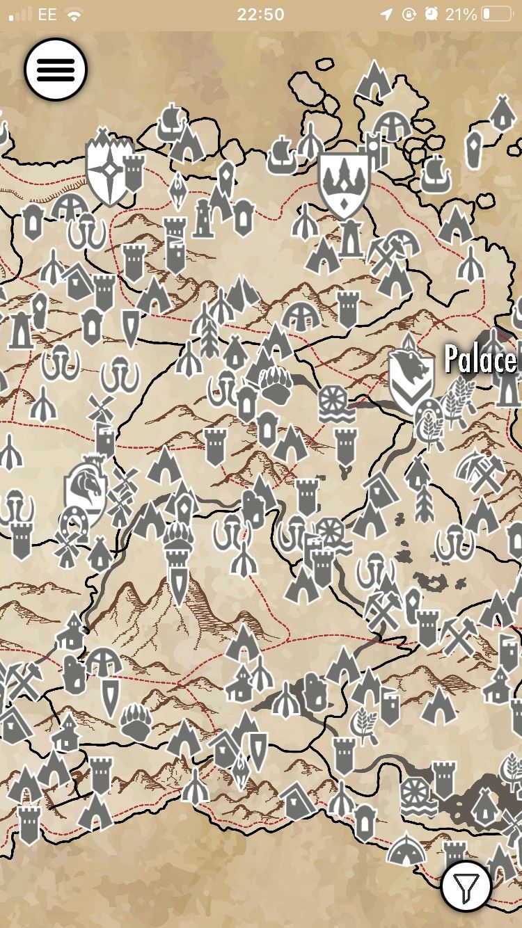 A screenshot of the map of Skyrim on the Elder Scrolls Map app.