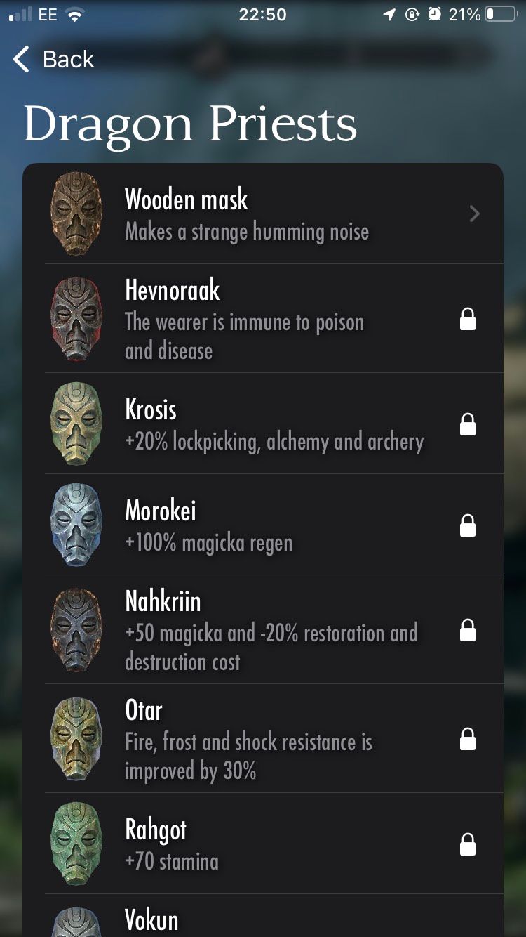 A screenshot of the Dragon Priests filter tab on the Elder Scrolls Map app.