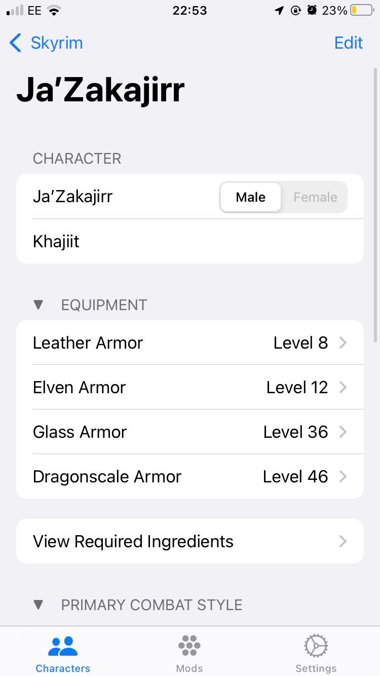 A screenshot of a Character Tracking page on the Character Tracker for Skyrim app.