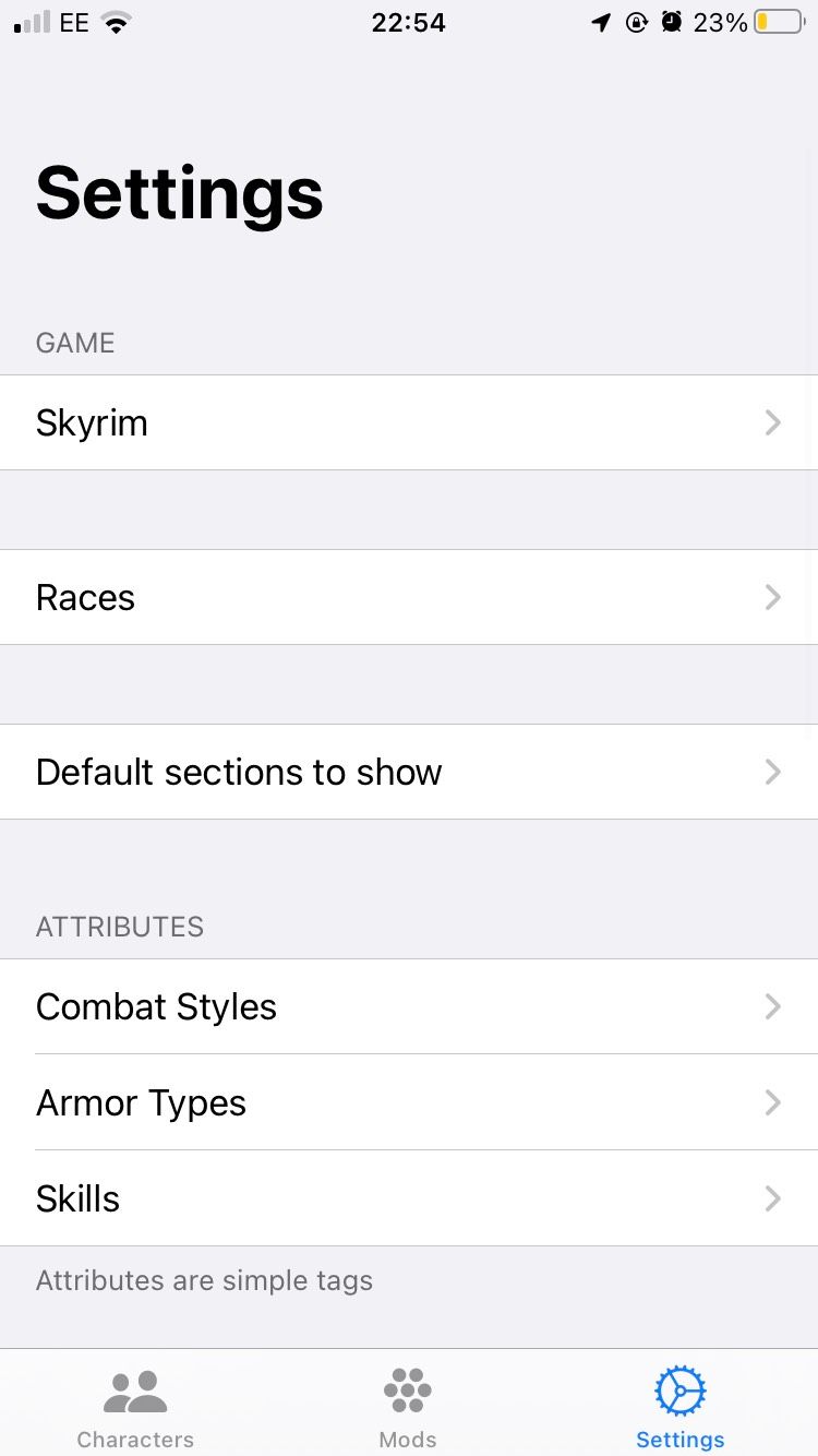 A screenshot of the Settings tab on the Character Tracker for Skyrim app.