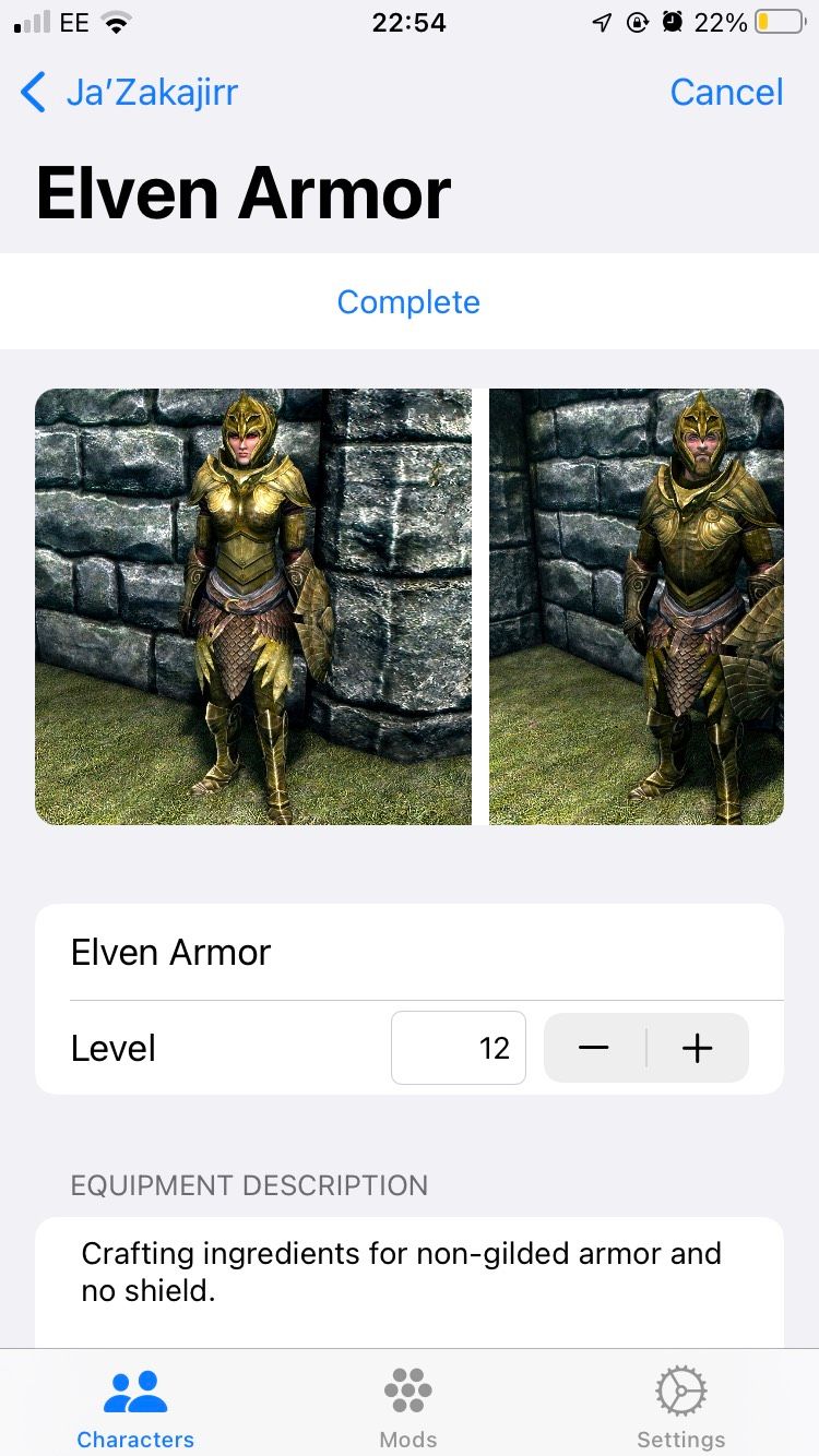 A screenshot of a tab displaying Elven Armour on the Character Tracker for Skyrim app.
