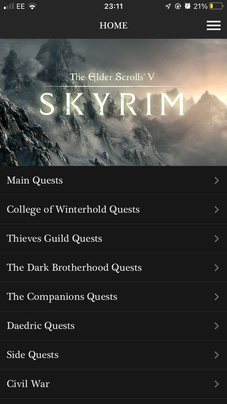 A screenshot of the different questlines for Skyrim on the Guide for The Elder Scrolls V app.