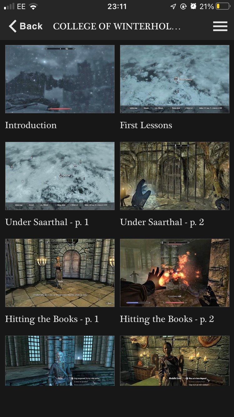 A screenshot of the College of Winterhold quests on the Guide for The Elder Scrolls V app.
