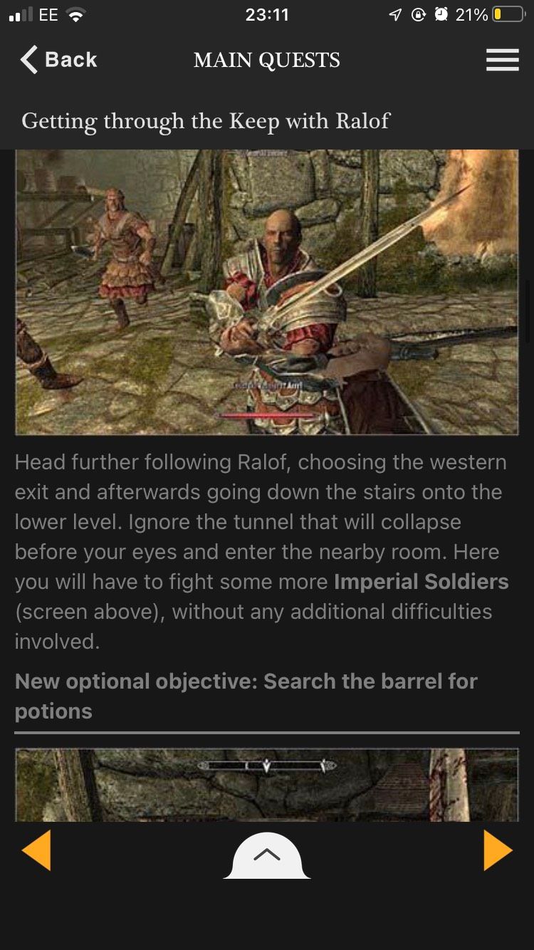 A screenshot of a guide for a Skyrim main quest on the Elder Scrolls V Guide app. 