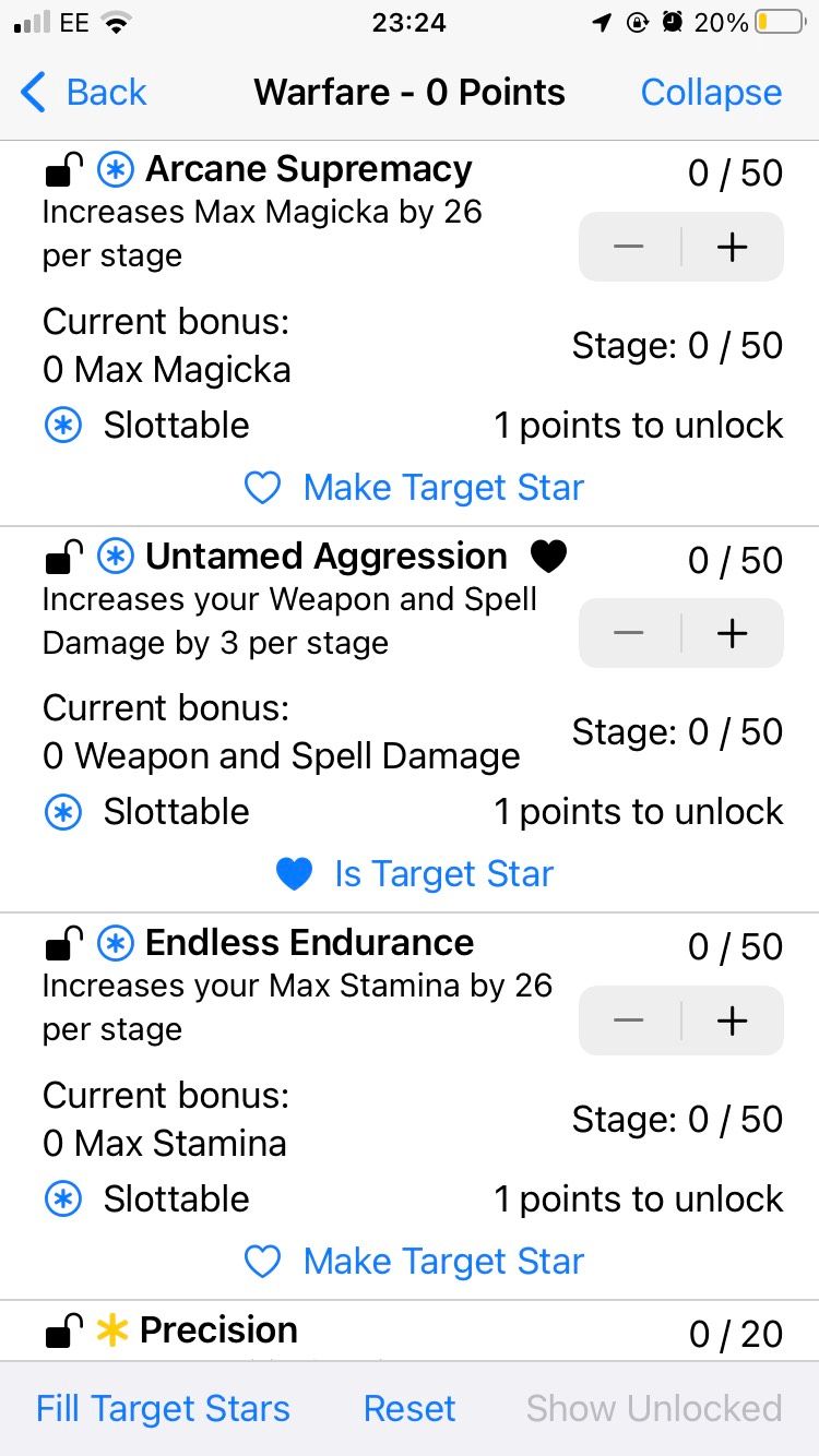 A screenshot of the Warfare skills for Elder Scrolls Online on the ESO Champion Point Calculator app.
