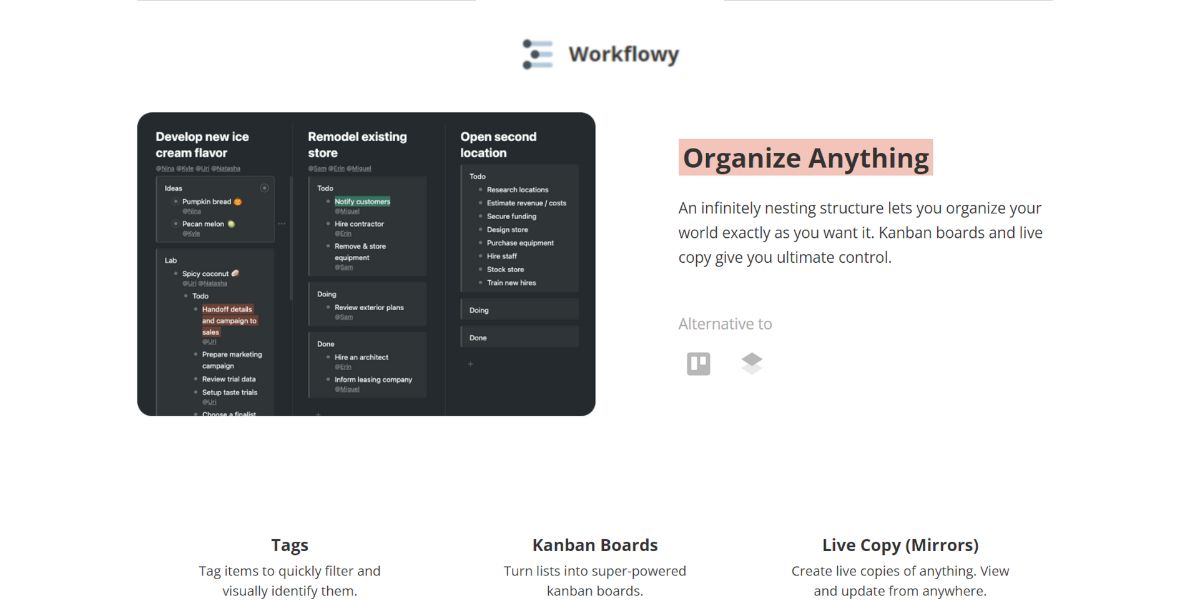 An image of the Workflowy website showing idea organizing capabilities