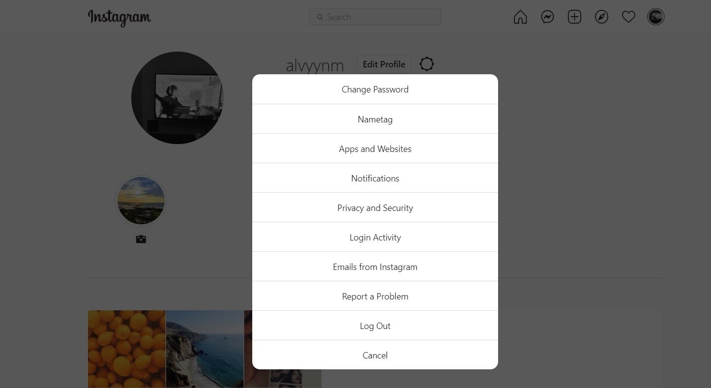 Instagram settings menu on web