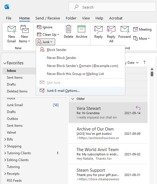 Location of the Junk Options in Outlook 365